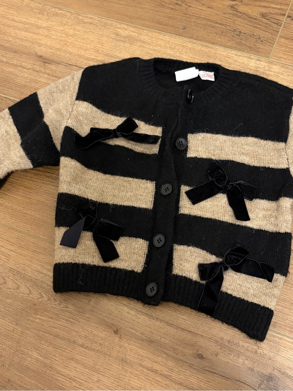 Zara Black & Beige Striped Bow-Accent Cardigan